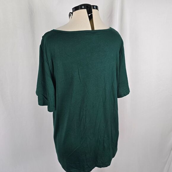 Bloomchic T-Shirt Women's 2X Green Solid Ruffle Short Sleeve Lace V-Neck NWT - Picture 9 of 13